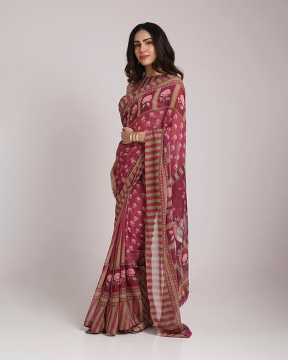 ‘Botanica Privée’ Mulberry Wine & Antique Sage Georgette Painterly Saree with 2 Blouse options