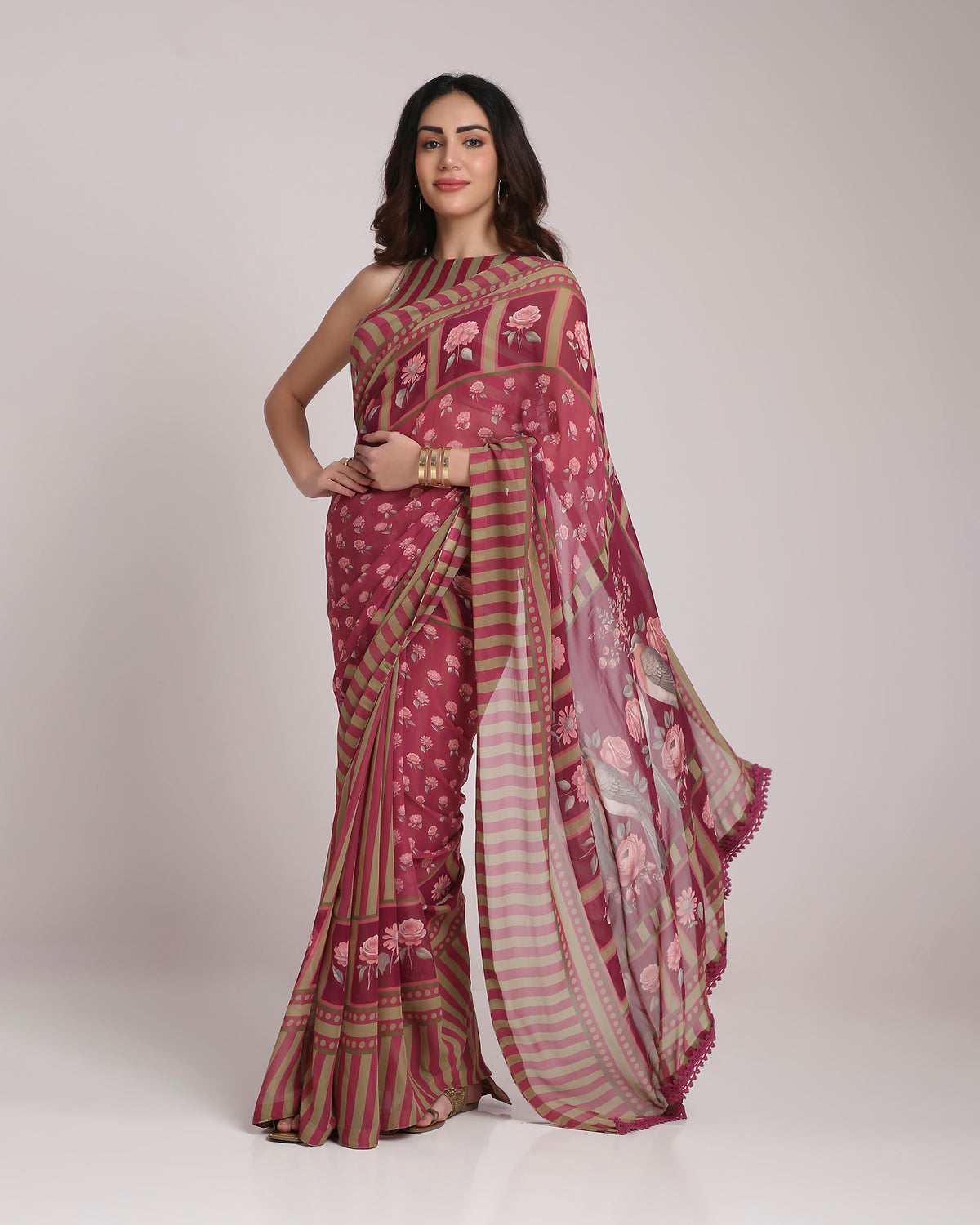 ‘Botanica Privée’ Mulberry Wine & Antique Sage Georgette Painterly Saree with 2 Blouse options