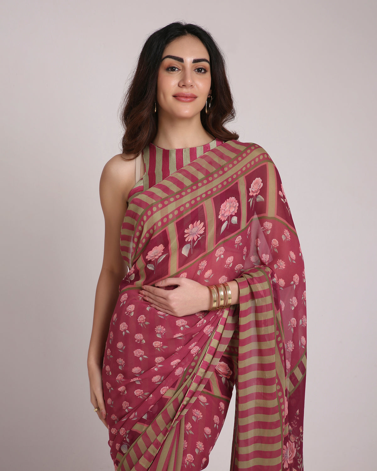 ‘Botanica Privée’ Mulberry Wine & Antique Sage Georgette Painterly Saree with 2 Blouse options