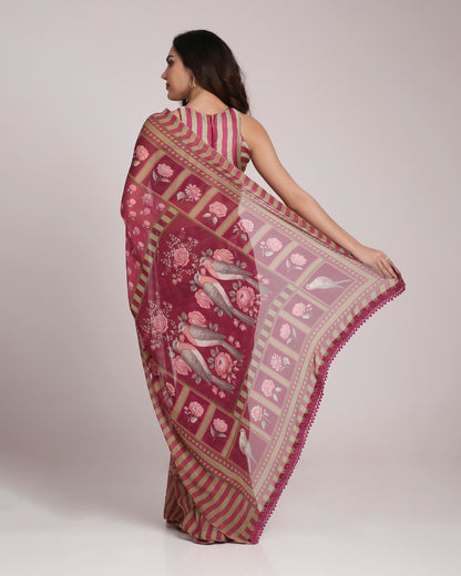‘Botanica Privée’ Mulberry Wine & Antique Sage Georgette Painterly Saree with 2 Blouse options