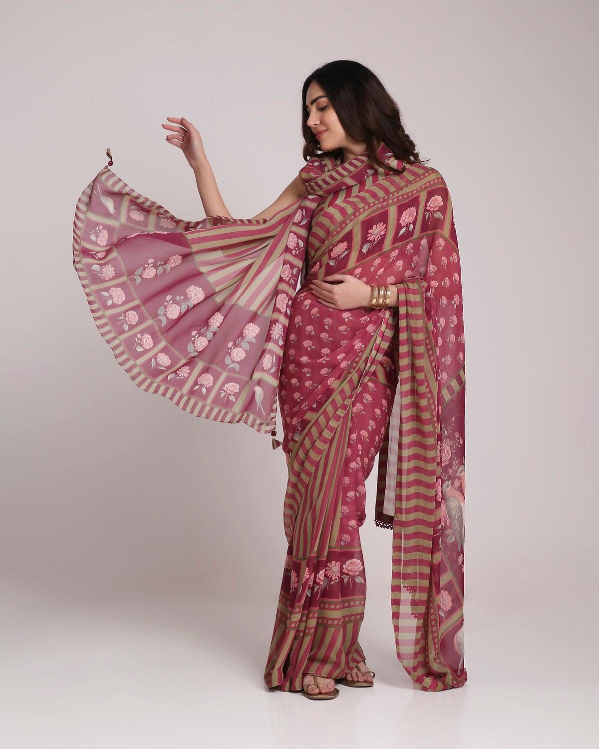 ‘Botanica Privée’ Mulberry Wine & Antique Sage Georgette Painterly Saree with 2 Blouse options