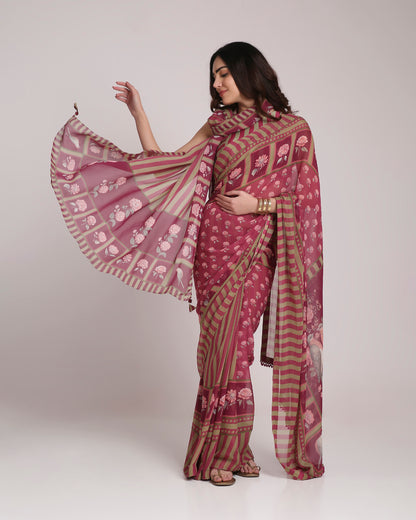 ‘Botanica Privée’ Mulberry Wine & Antique Sage Georgette Painterly Saree with 2 Blouse options
