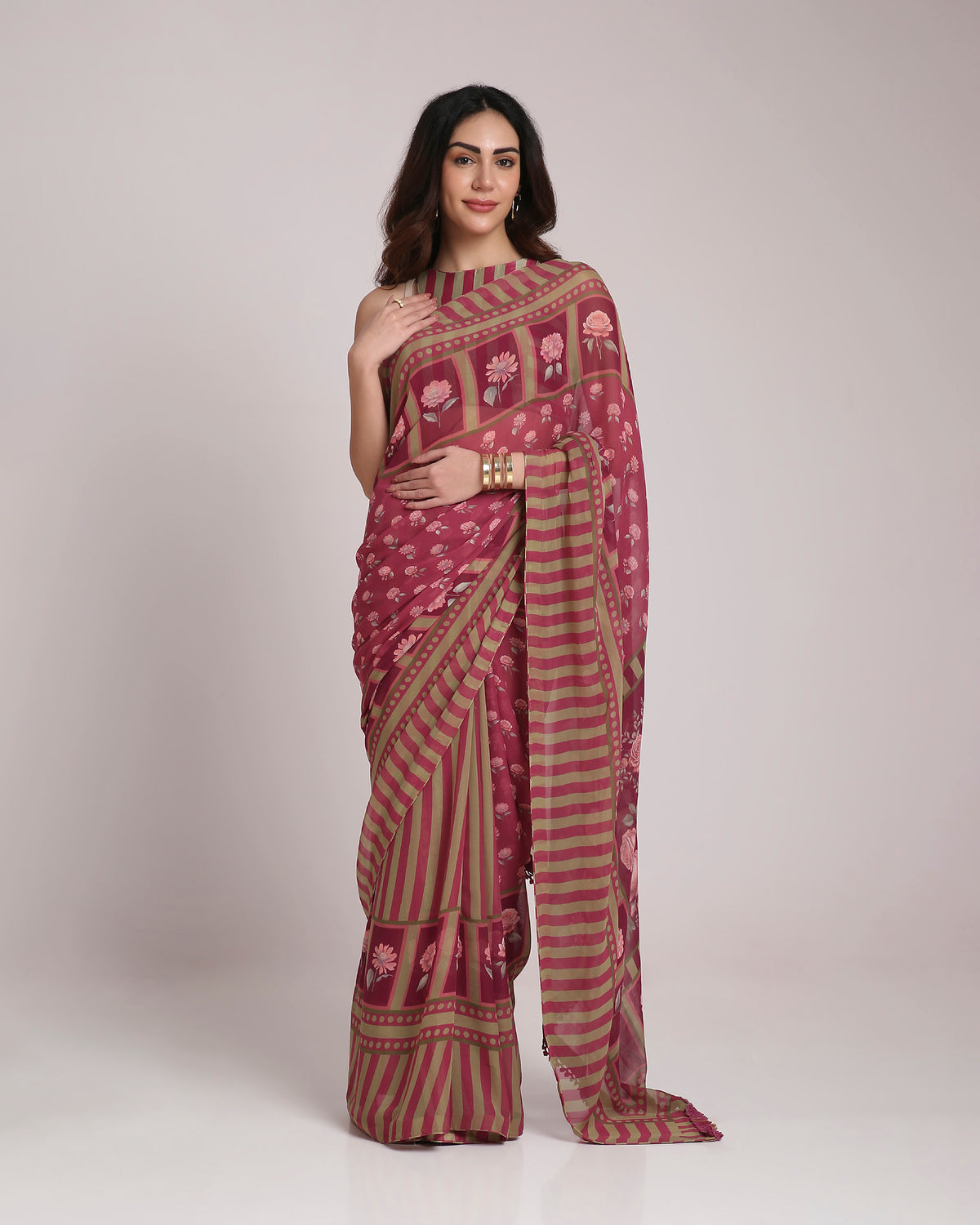 ‘Botanica Privée’ Mulberry Wine & Antique Sage Georgette Painterly Saree with 2 Blouse options