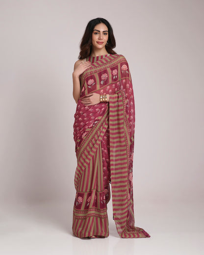 ‘Botanica Privée’ Mulberry Wine & Antique Sage Georgette Painterly Saree with 2 Blouse options