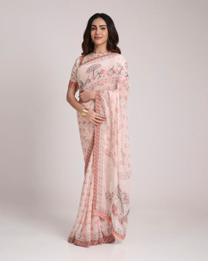 ‘Botanica Privée’  Peach &  Green Georgette Painterly Saree with 2 Blouse options