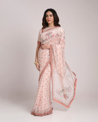 ‘Botanica Privée’  Peach &  Green Georgette Painterly Saree with 2 Blouse options