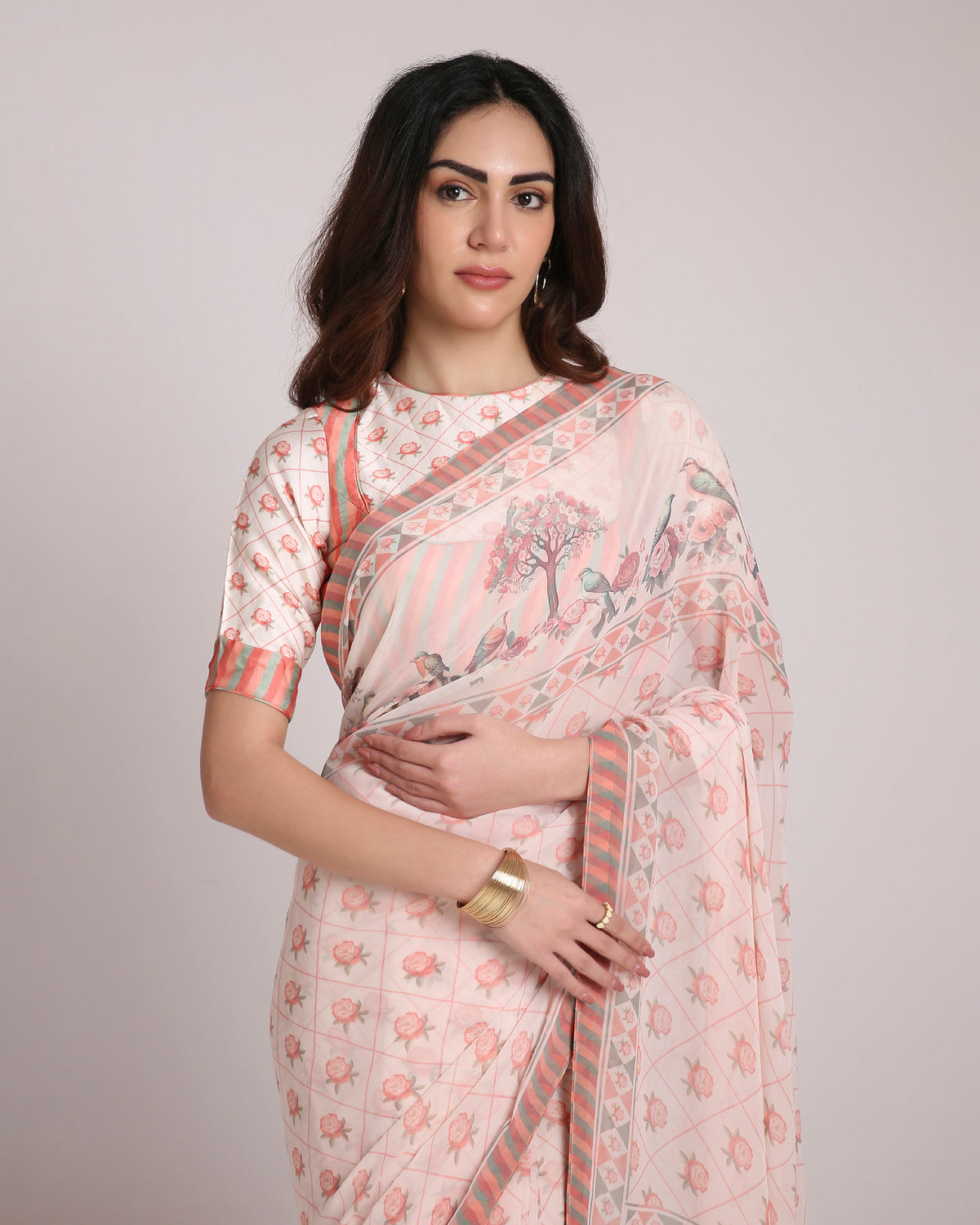 ‘Botanica Privée’  Peach &  Green Georgette Painterly Saree with 2 Blouse options