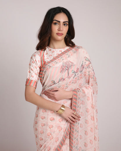 ‘Botanica Privée’  Peach &  Green Georgette Painterly Saree with 2 Blouse options