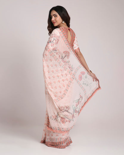 ‘Botanica Privée’  Peach &  Green Georgette Painterly Saree with 2 Blouse options