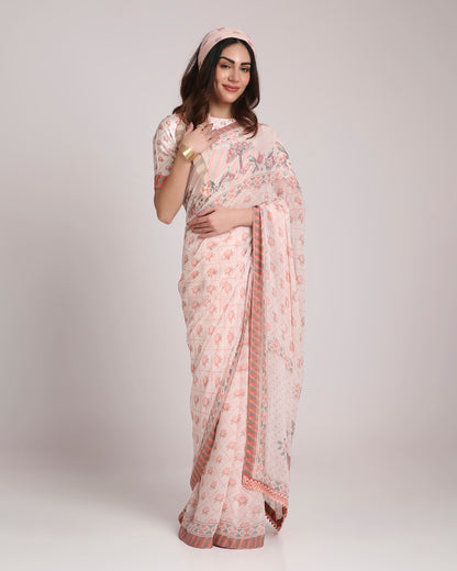 ‘Botanica Privée’  Peach &  Green Georgette Painterly Saree with 2 Blouse options