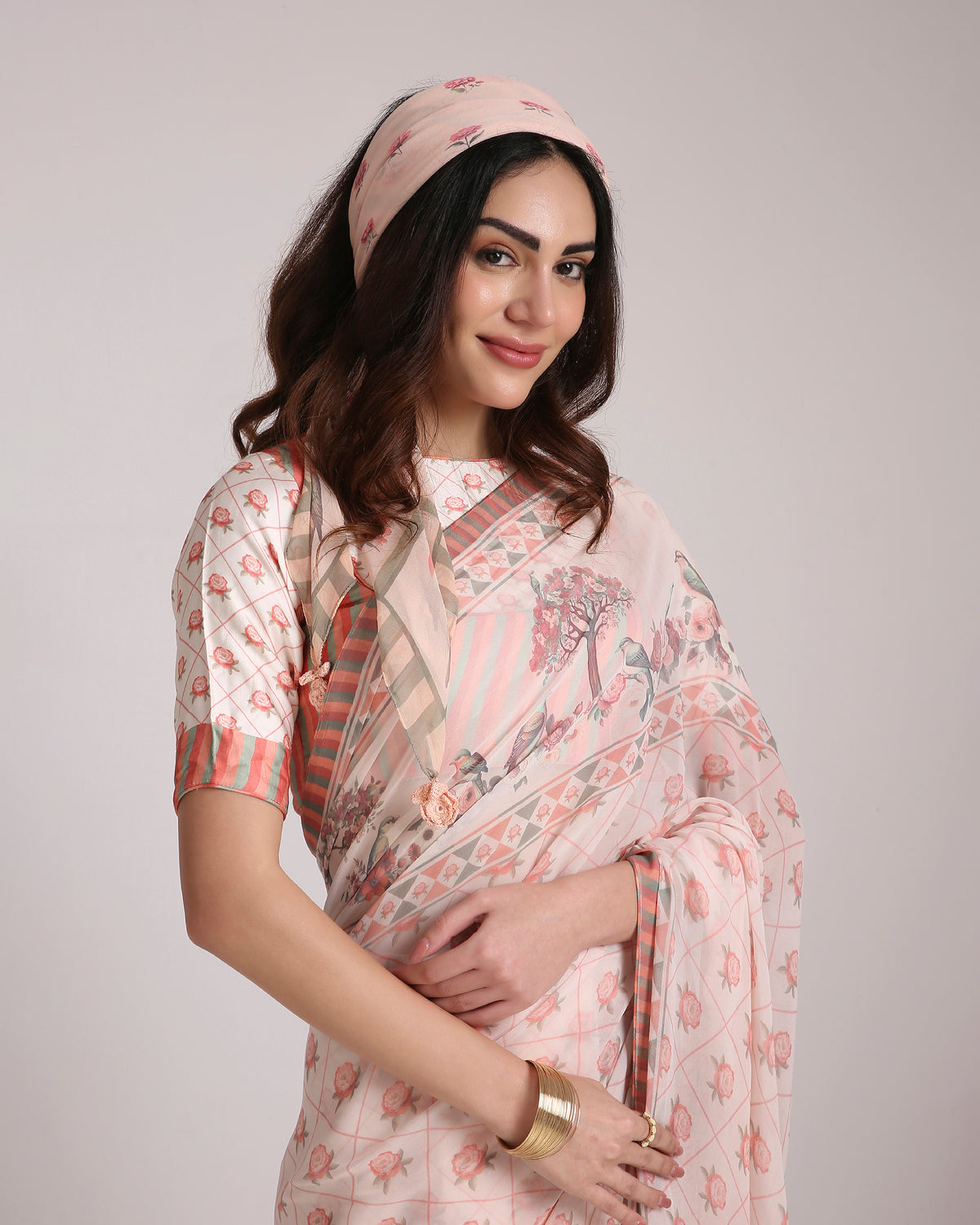 ‘Botanica Privée’  Peach &  Green Georgette Painterly Saree with 2 Blouse options