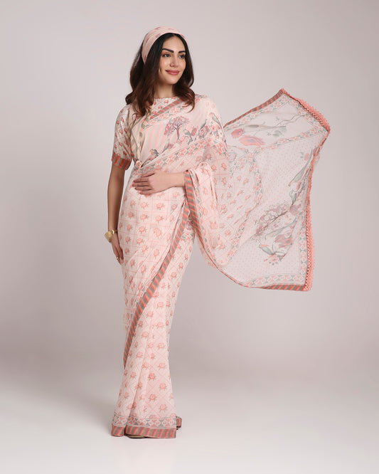 ‘Botanica Privée’  Peach &  Green Georgette Painterly Saree with 2 Blouse options