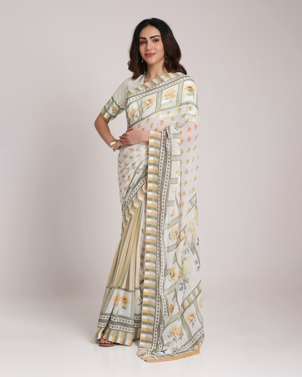 ‘Botanica Privée’ Sunlit Yellow & Sage Green Georgette Painterly Saree with 2 Blouse options