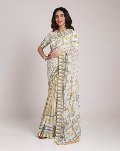 ‘Botanica Privée’ Sunlit Yellow & Sage Green Georgette Painterly Saree with 2 Blouse options