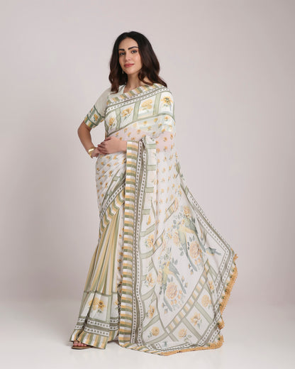 ‘Botanica Privée’ Sunlit Yellow & Sage Green Georgette Painterly Saree with 2 Blouse options