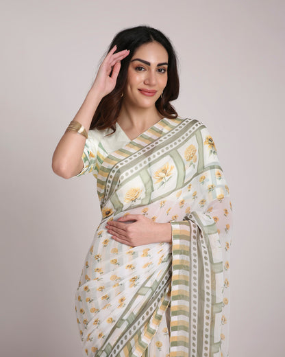 ‘Botanica Privée’ Sunlit Yellow & Sage Green Georgette Painterly Saree with 2 Blouse options