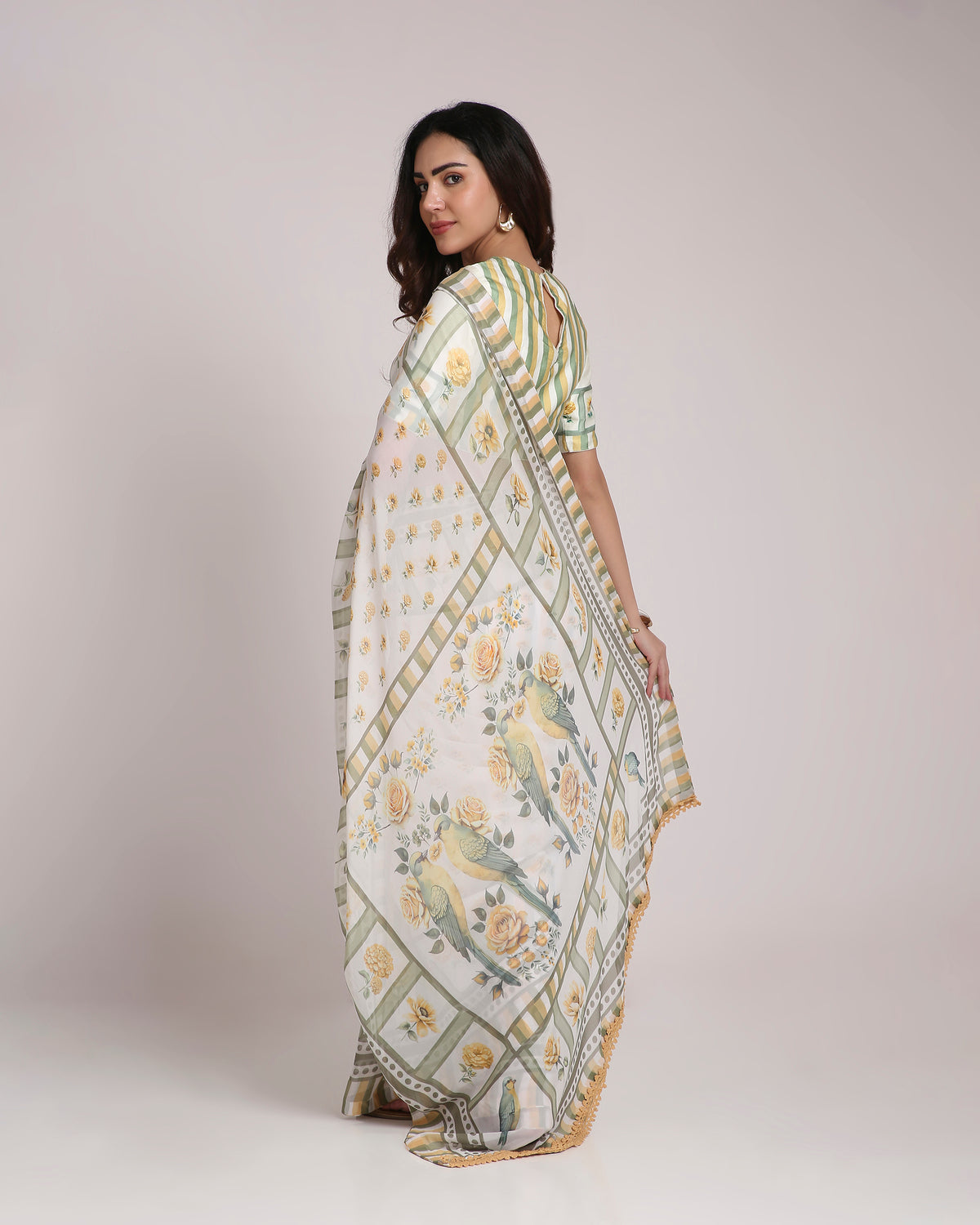 ‘Botanica Privée’ Sunlit Yellow & Sage Green Georgette Painterly Saree with 2 Blouse options