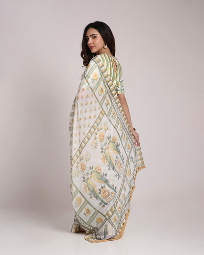 ‘Botanica Privée’ Sunlit Yellow & Sage Green Georgette Painterly Saree with 2 Blouse options
