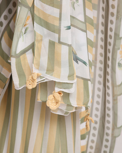 ‘Botanica Privée’ Sunlit Yellow & Sage Green Georgette Painterly Saree with 2 Blouse options