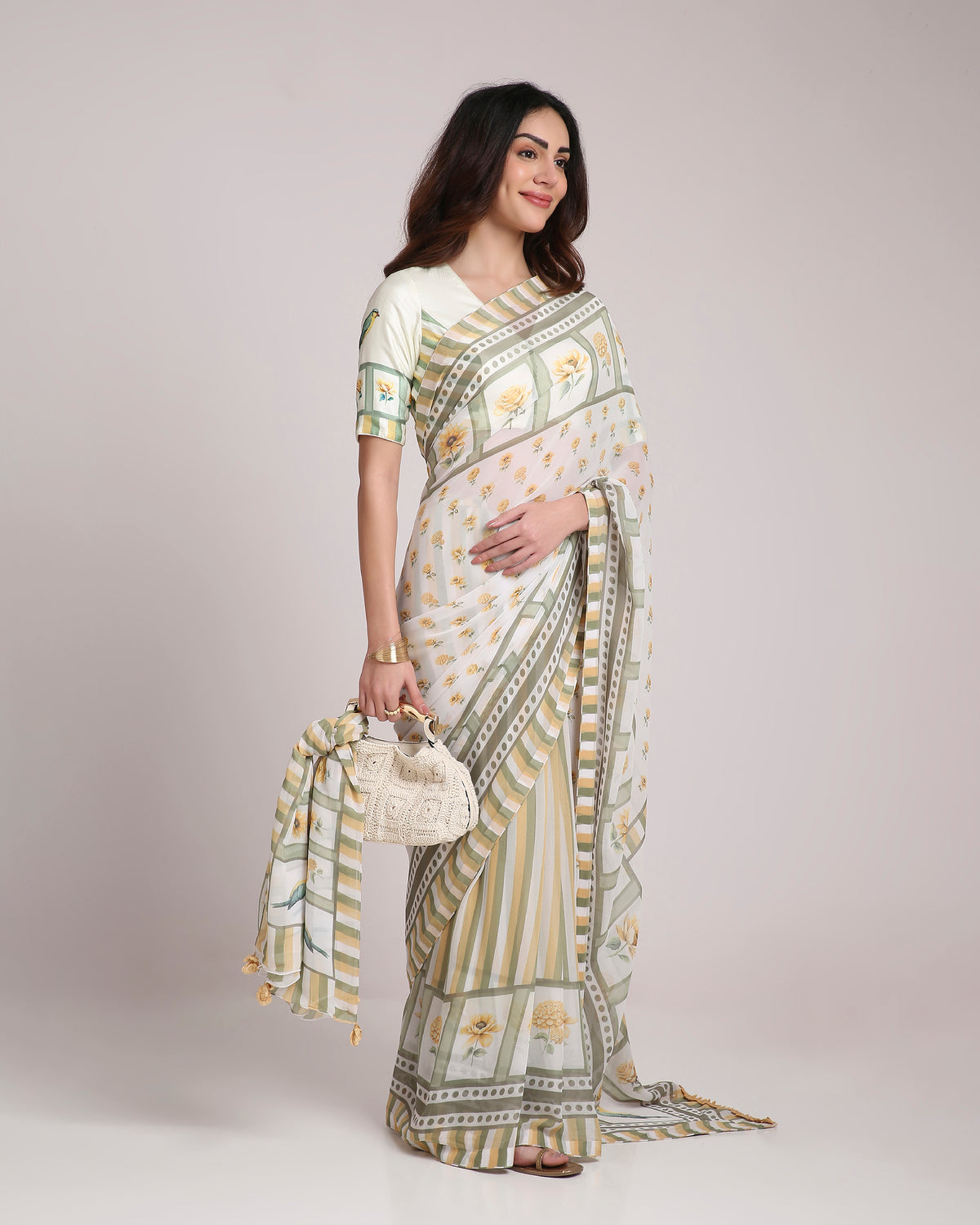 ‘Botanica Privée’ Sunlit Yellow & Sage Green Georgette Painterly Saree with 2 Blouse options