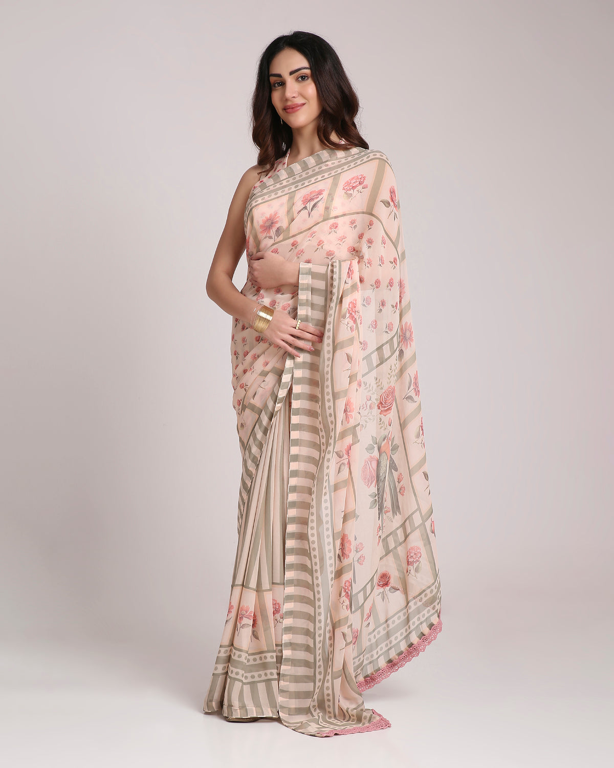 ‘Botanica Privée’ Blush & Sage Green Georgette Painterly Saree with 2 Blouse options