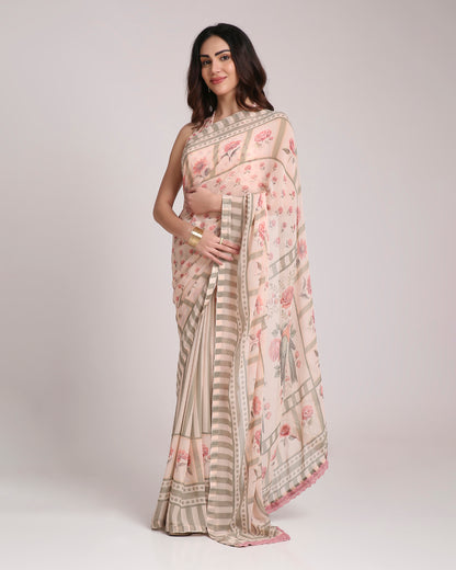 ‘Botanica Privée’ Blush & Sage Green Georgette Painterly Saree with 2 Blouse options