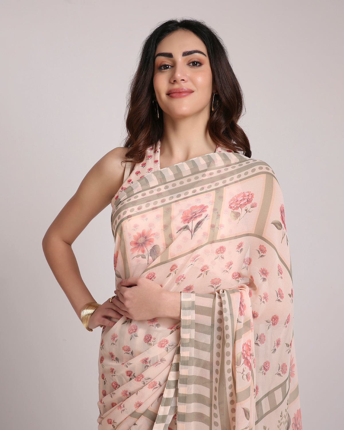 ‘Botanica Privée’ Blush & Sage Green Georgette Painterly Saree with 2 Blouse options