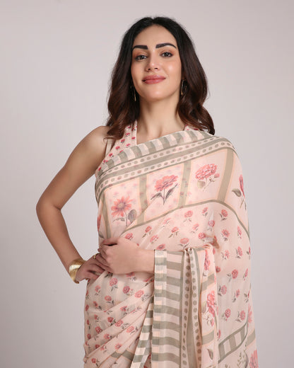 ‘Botanica Privée’ Blush & Sage Green Georgette Painterly Saree with 2 Blouse options