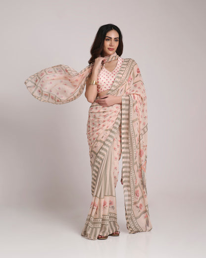 ‘Botanica Privée’ Blush & Sage Green Georgette Painterly Saree with 2 Blouse options