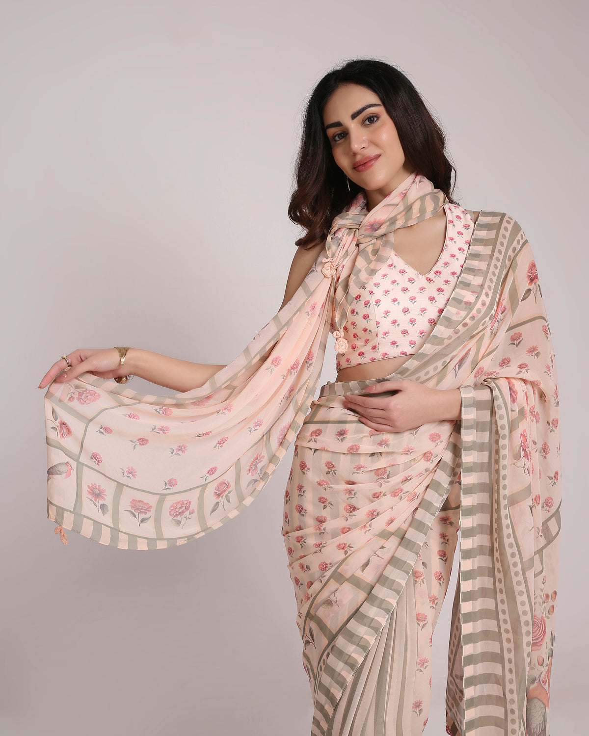 ‘Botanica Privée’ Blush & Sage Green Georgette Painterly Saree with 2 Blouse options