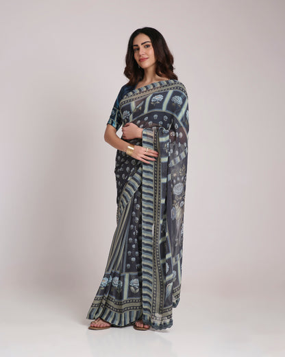 ‘Botanica Privée’ Navy & Powder Blue Georgette Painterly Saree with 2 Blouse options