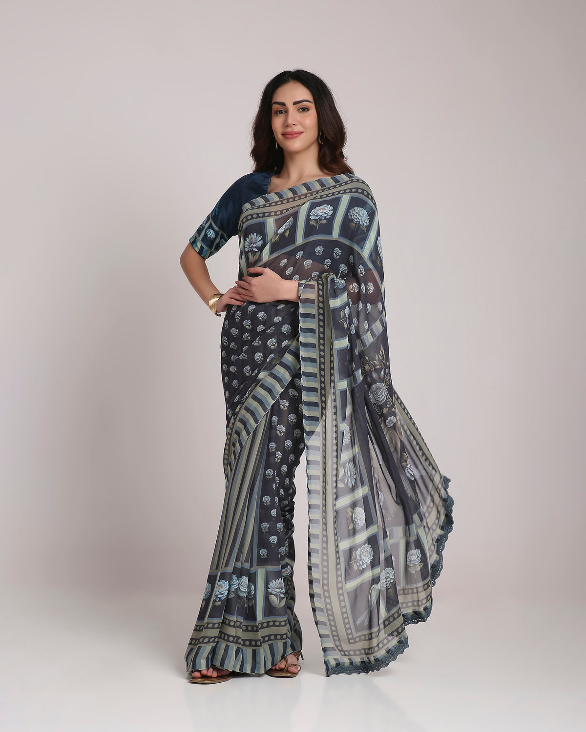 ‘Botanica Privée’ Navy & Powder Blue Georgette Painterly Saree with 2 Blouse options