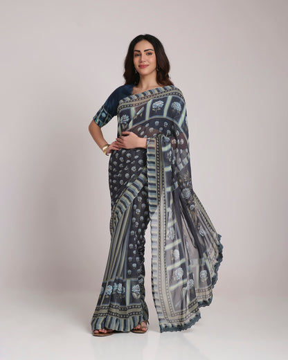 ‘Botanica Privée’ Navy & Powder Blue Georgette Painterly Saree with 2 Blouse options