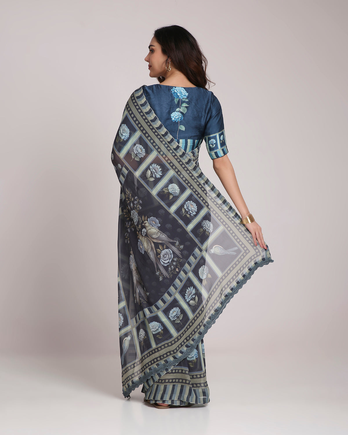 ‘Botanica Privée’ Navy & Powder Blue Georgette Painterly Saree with 2 Blouse options