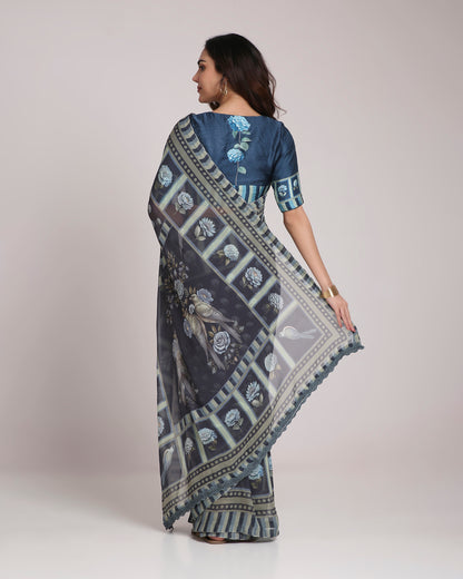 ‘Botanica Privée’ Navy & Powder Blue Georgette Painterly Saree with 2 Blouse options