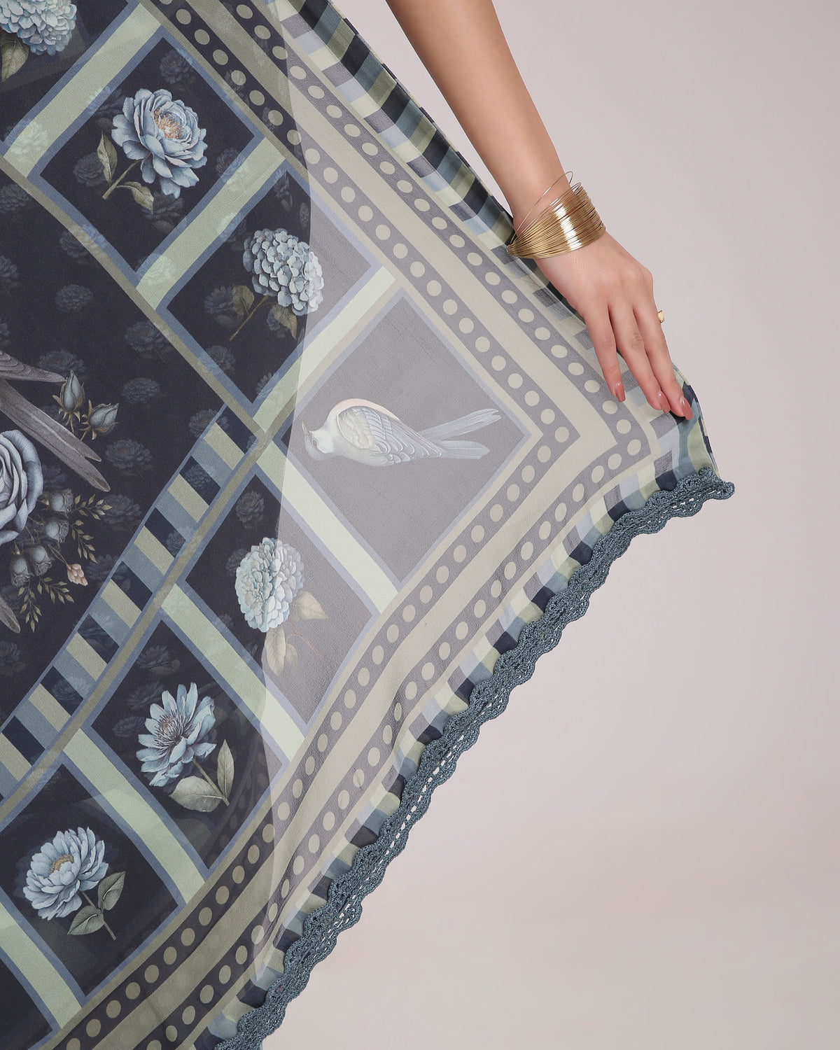 ‘Botanica Privée’ Navy & Powder Blue Georgette Painterly Saree with 2 Blouse options