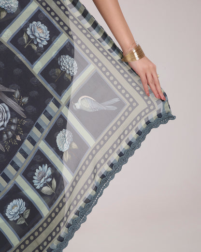 ‘Botanica Privée’ Navy & Powder Blue Georgette Painterly Saree with 2 Blouse options