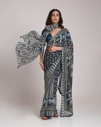 ‘Botanica Privée’ Navy & Powder Blue Georgette Painterly Saree with 2 Blouse options