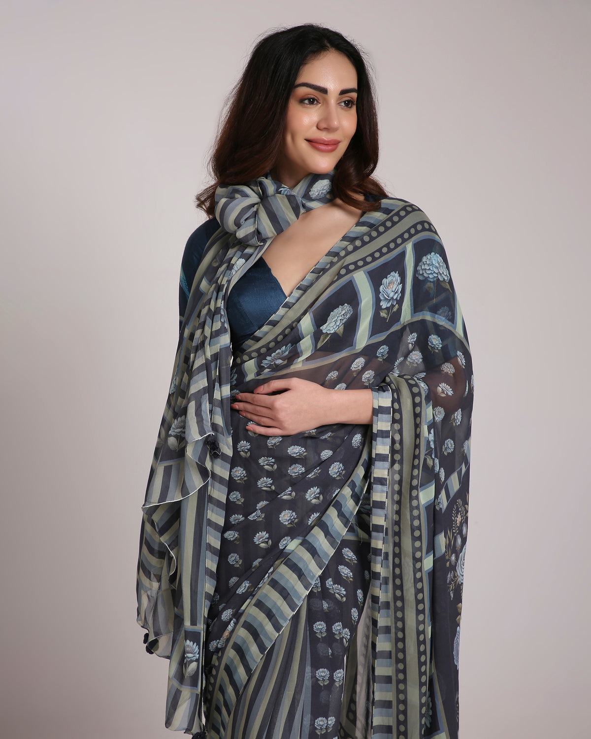 ‘Botanica Privée’ Navy & Powder Blue Georgette Painterly Saree with 2 Blouse options