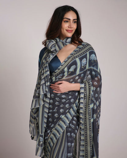 ‘Botanica Privée’ Navy & Powder Blue Georgette Painterly Saree with 2 Blouse options