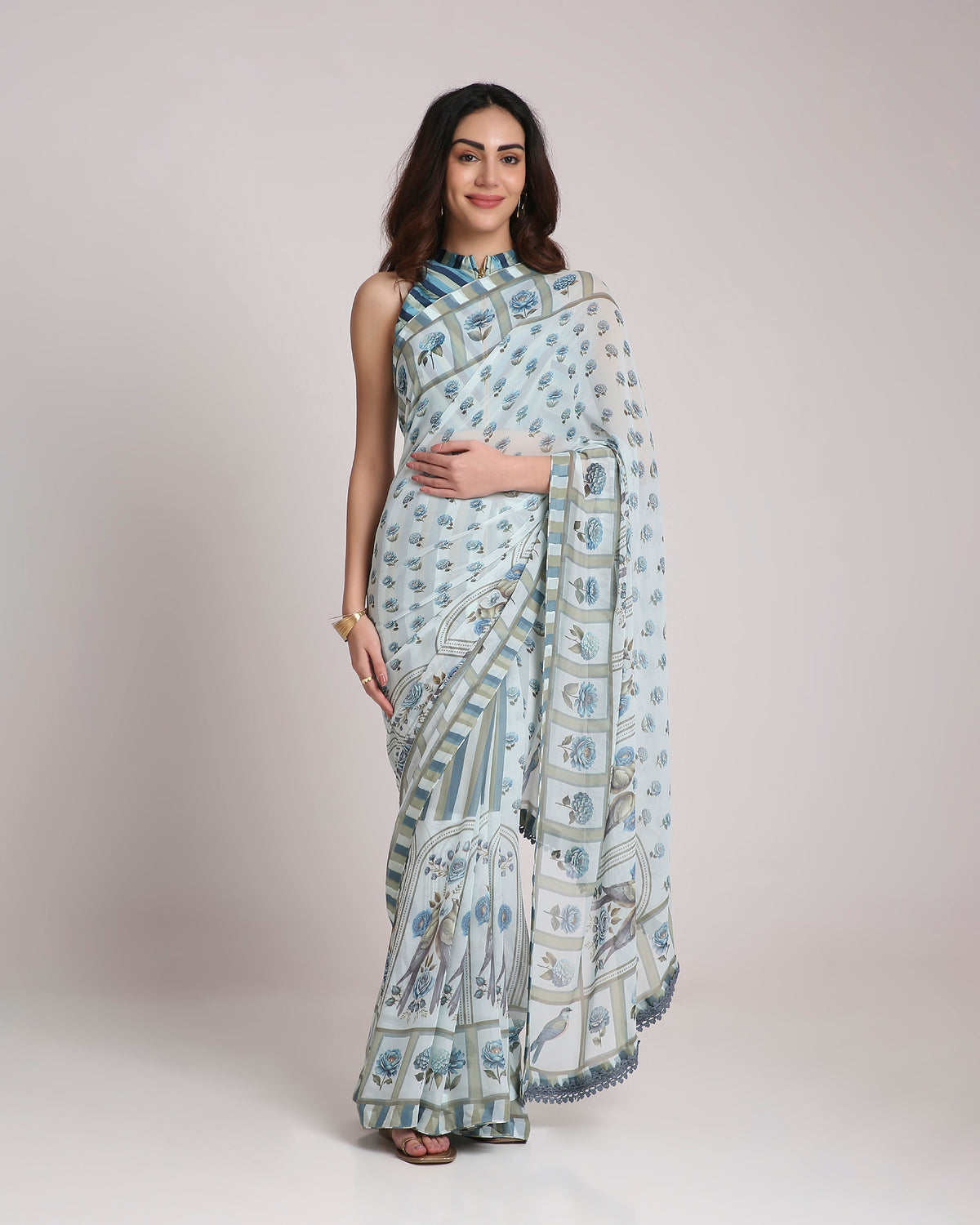 ‘Botanica Privée’ Porcelain Blue & Navy Georgette Painterly Saree with 2 Blouse options