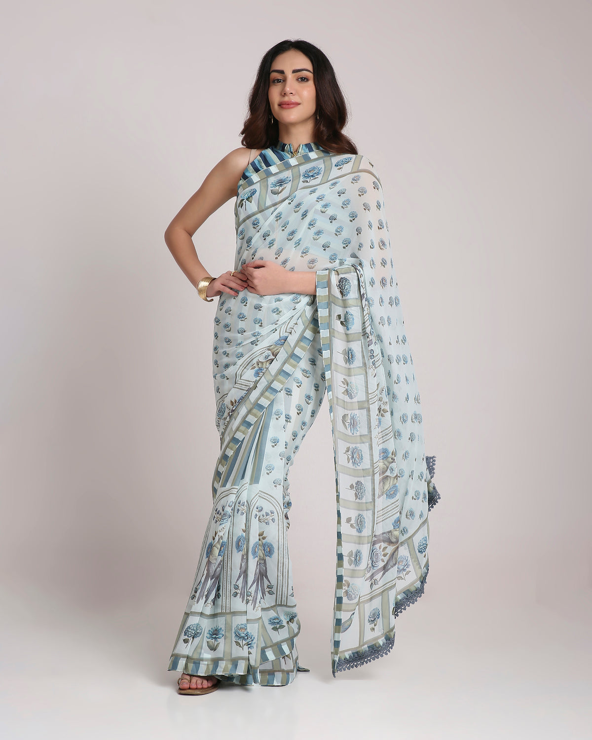 ‘Botanica Privée’ Porcelain Blue & Navy Georgette Painterly Saree with 2 Blouse options