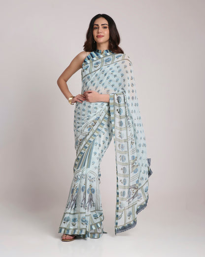 ‘Botanica Privée’ Porcelain Blue & Navy Georgette Painterly Saree with 2 Blouse options