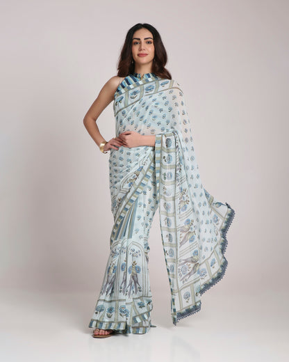 ‘Botanica Privée’ Porcelain Blue & Navy Georgette Painterly Saree with 2 Blouse options