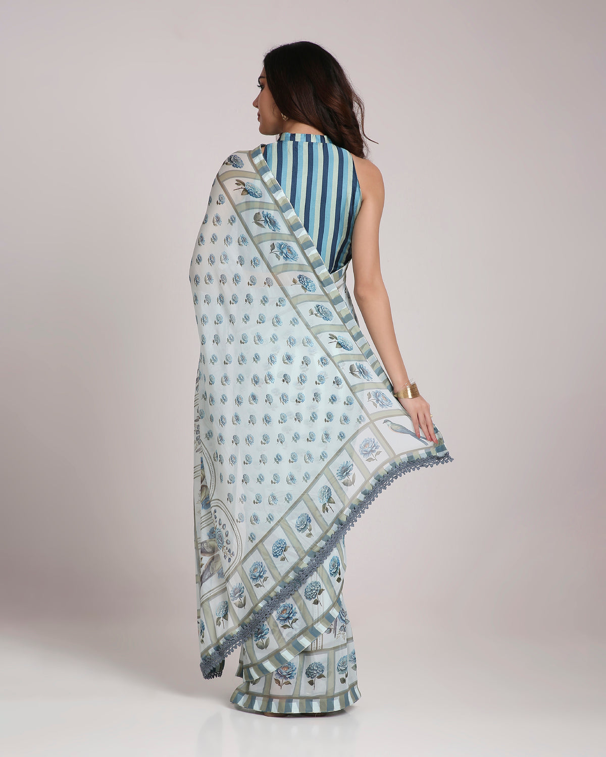 ‘Botanica Privée’ Porcelain Blue & Navy Georgette Painterly Saree with 2 Blouse options