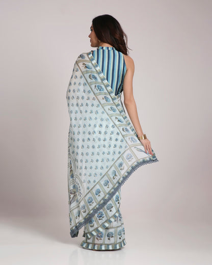 ‘Botanica Privée’ Porcelain Blue & Navy Georgette Painterly Saree with 2 Blouse options