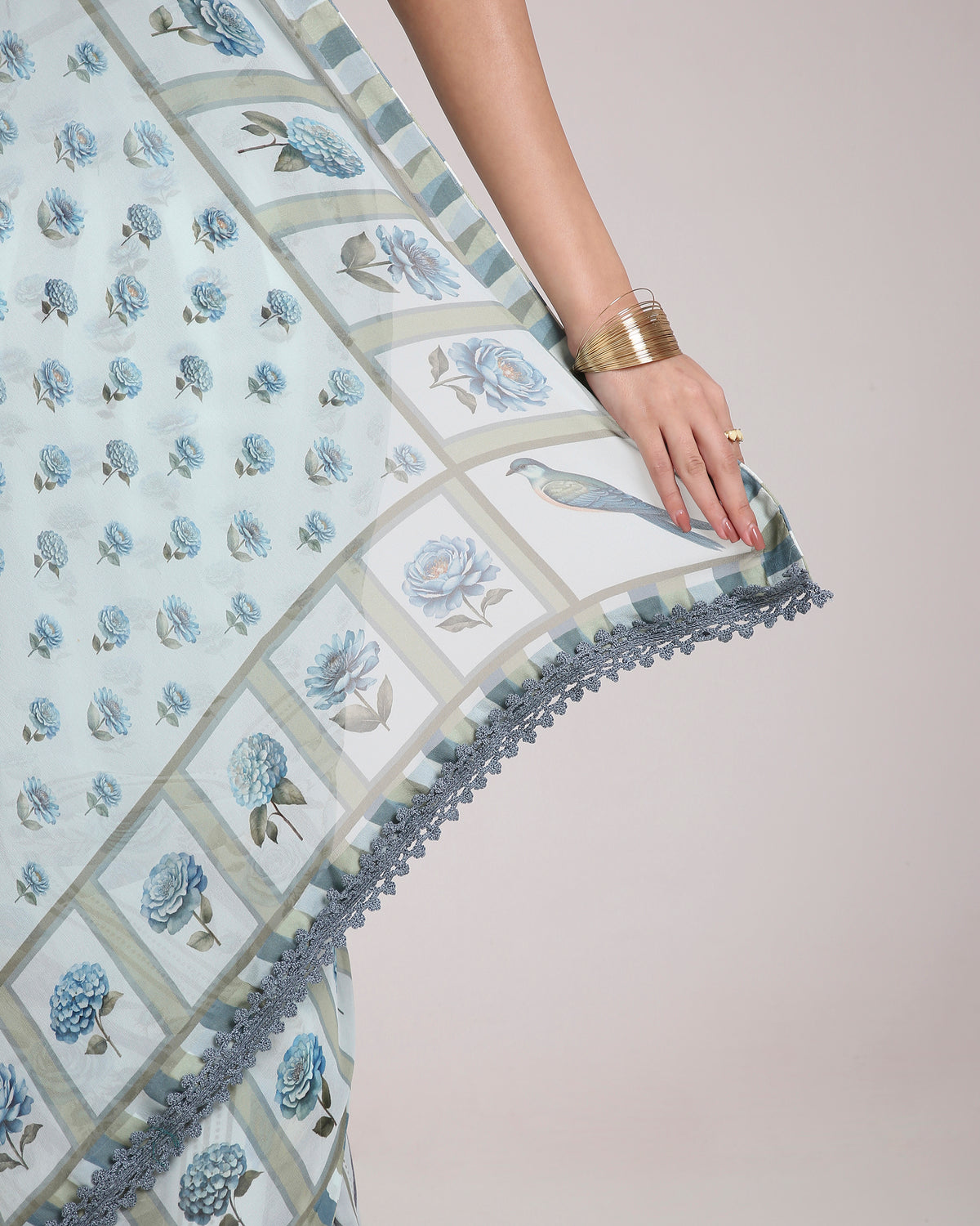 ‘Botanica Privée’ Porcelain Blue & Navy Georgette Painterly Saree with 2 Blouse options