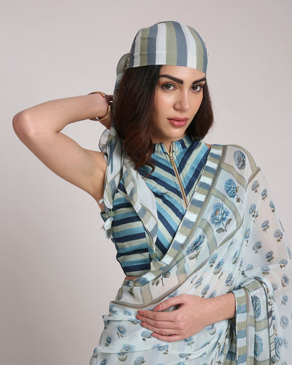 ‘Botanica Privée’ Porcelain Blue & Navy Georgette Painterly Saree with 2 Blouse options