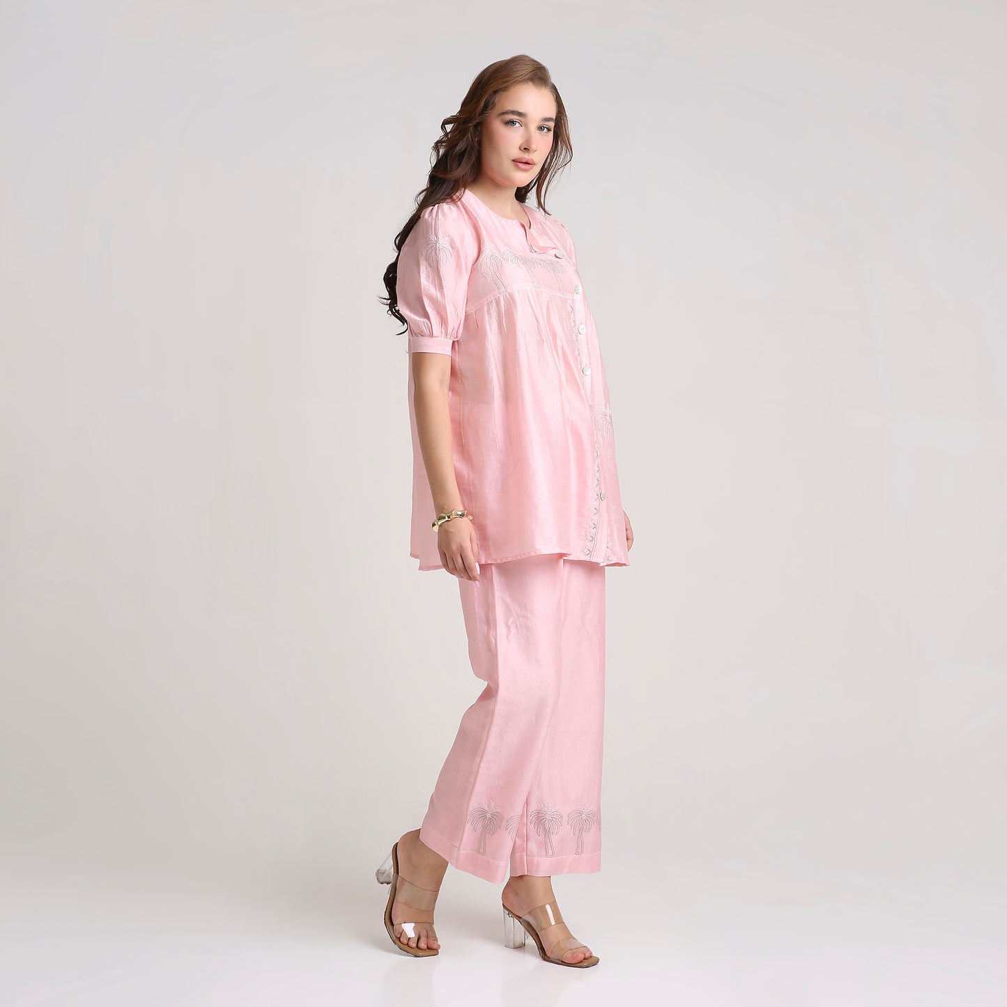 Chikankari Angarkha Co ord in Blush Pure Chanderi Silk with Green  embroidery