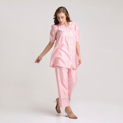 Chikankari Angarkha Co ord in Blush Pure Chanderi Silk with Green  embroidery
